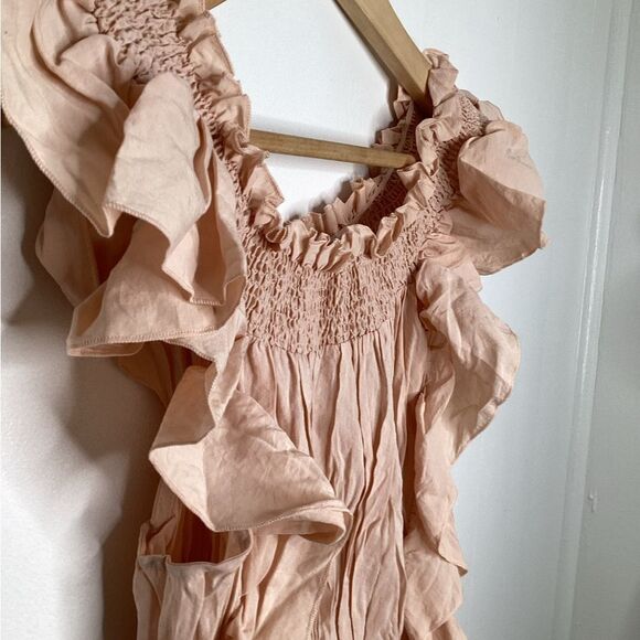 Mango NWOT Soft Blush Peach Ruffled Pleated Crinkle Off Shoulder Date Top M - Picture 5 of 8